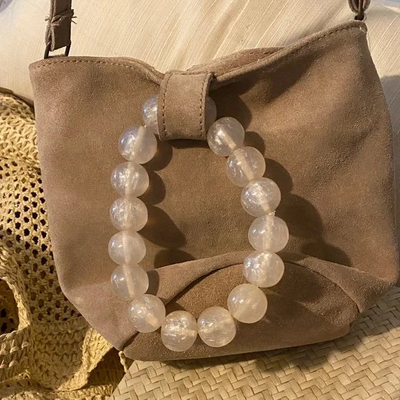 Cost Plus World Market Tan Suede Bag with Beaded Handles - Picture 2 of 7